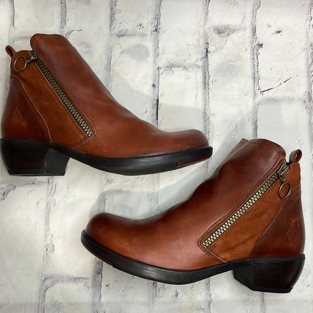 Fly London Meli Ankle Boots Brown Leather and Suede Upper with Ring Zipper Pull